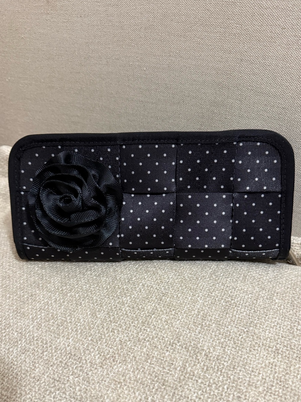 Harveys Black Polka Dot Woven Flower Zip Wallet